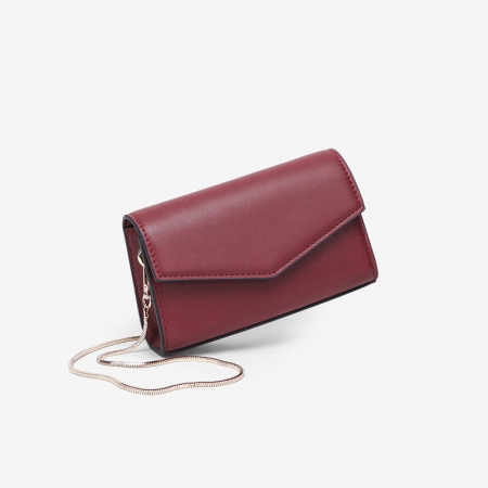 チェーン付きのシンプルなデザインのマルーンpuレザーフラップバッグの財布
